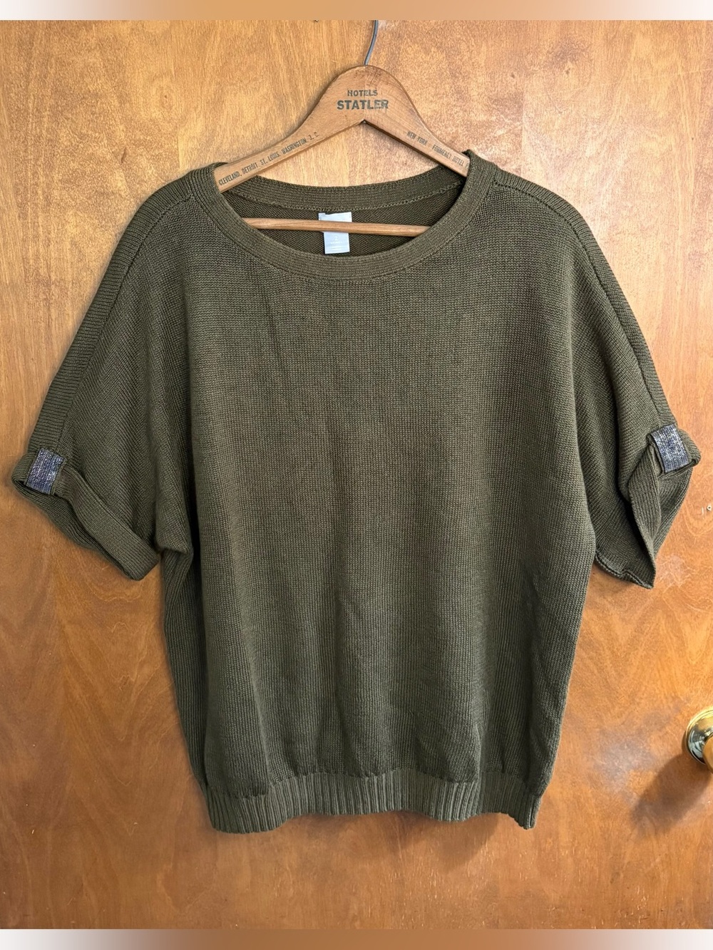 Chico's Olive Green Linen Rhinestone Short Sleeve Sweater Top Lagenlook Boho Mod